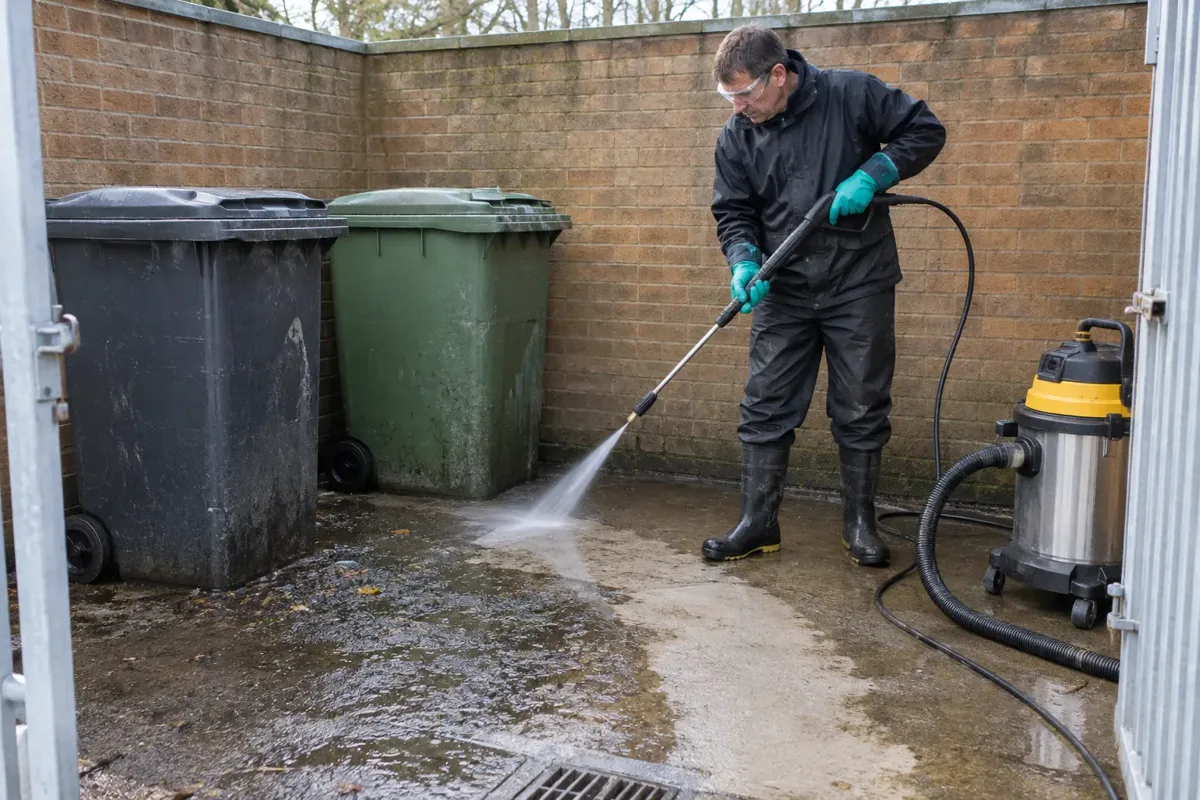 A cleaning worker pressure washing the concrete floor of a walled bin store, two large closed wheelie bins moved aside, visibly dirty and cleaned paving areas, hose, runoff collected with wet vacuum, gloves, splash goggles and waterproof PPE.
