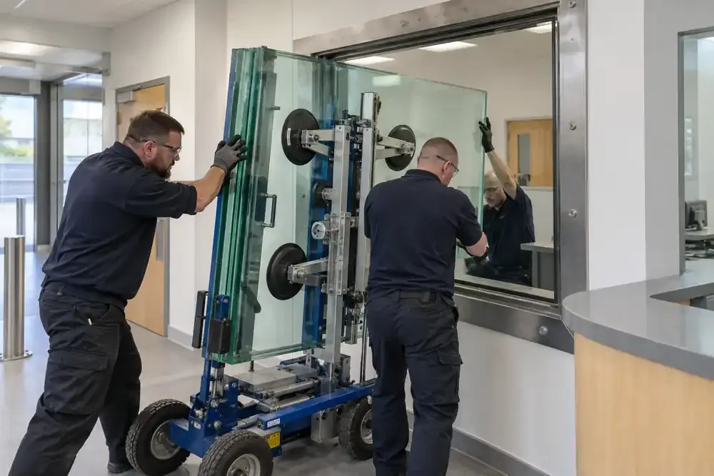 Secure reception refurbishment: three installers guiding a very thick multi-layer laminated glass panel using a lifting trolley into a reinforced steel observation window, bright institutional interior, no weapons or attack testing.