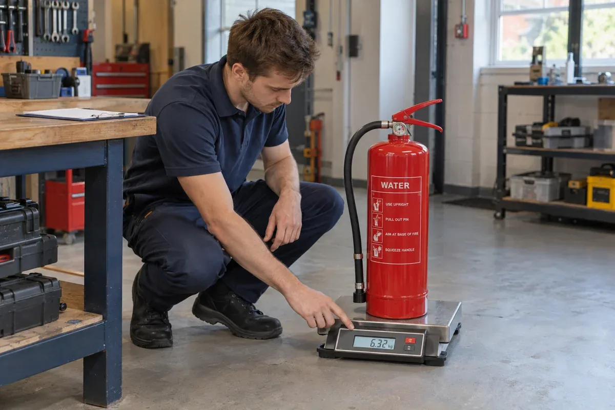AI-generated illustration: Slim technician weighing a water extinguisher during annual servicing in a tidy workshop.