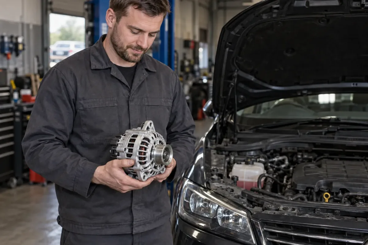 Technician holding a replacement alternator beside a car.