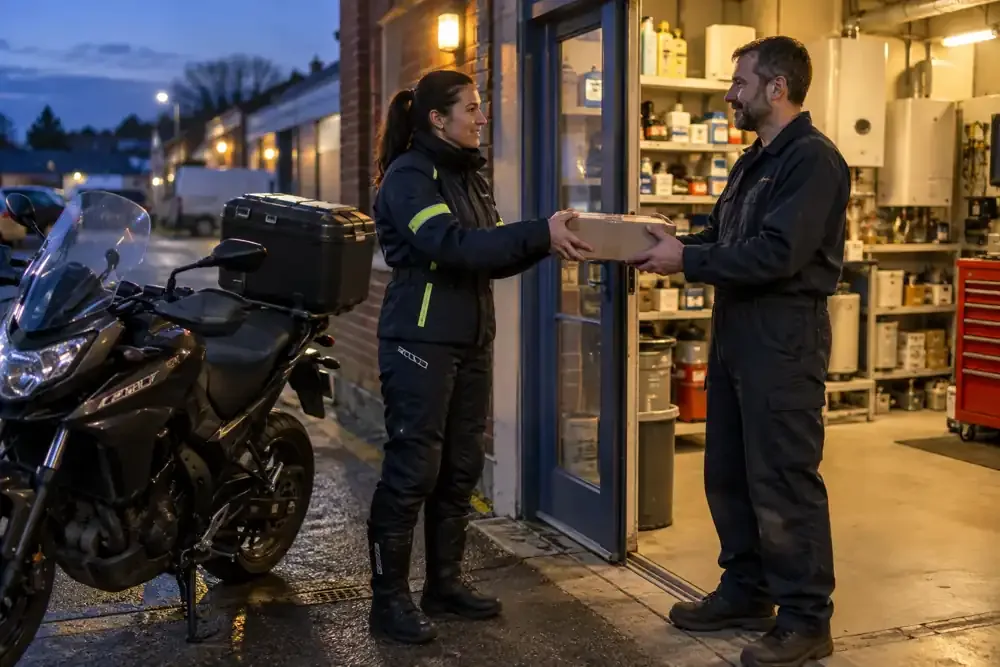 a motorcycle courier preparing or handing over a suitable consignment