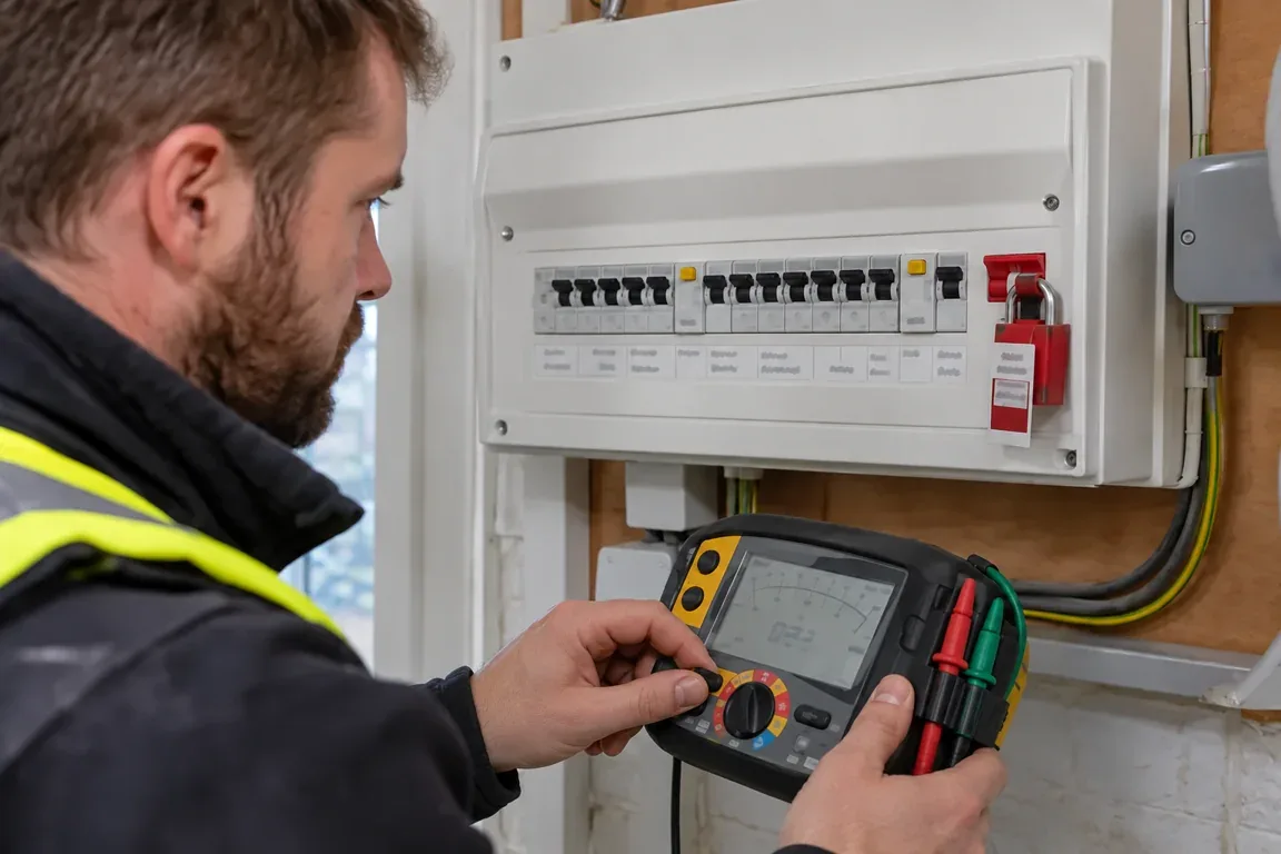 Electrician setting an installation tester beside a closed, locked-off UK consumer unit.