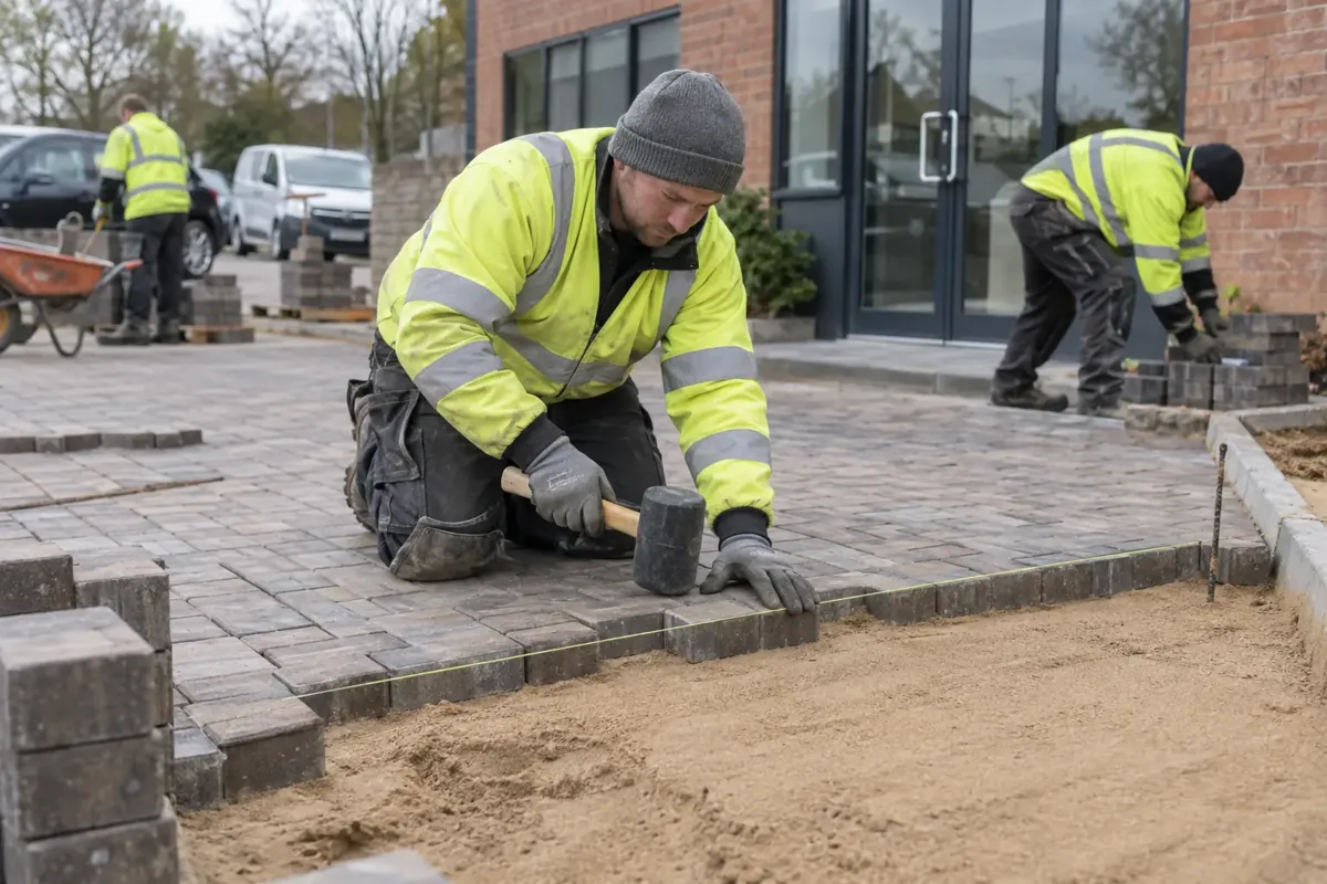 Paving crew in high visibility workwear setting durable rectangular block paving at the entrance and parking area of a small business premises, string line, sand bed and rubber mallet clearly visible.