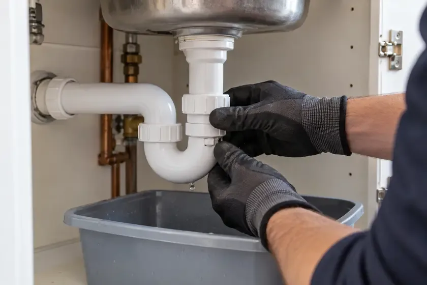 Plumber tightening a leaking kitchen sink trap above a catch tray.