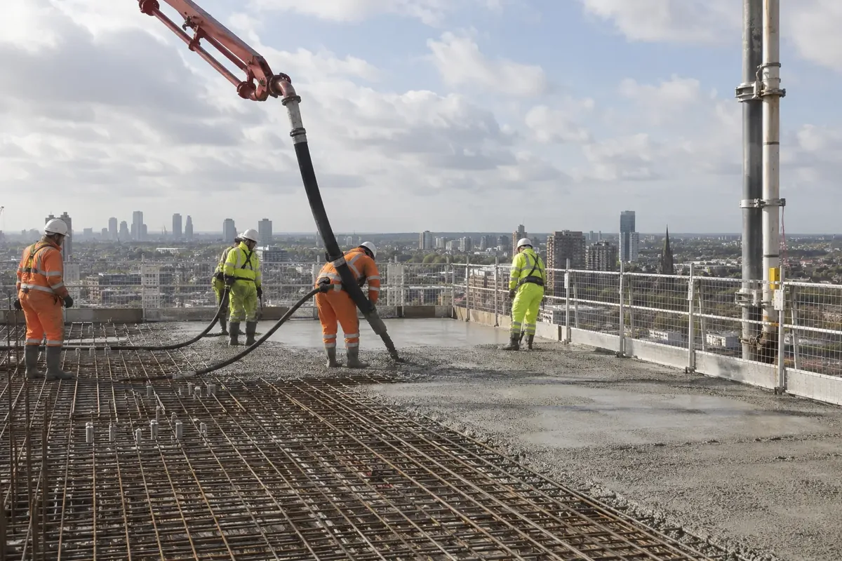 PPE-clad crew on a high-rise building's concrete deck guide the end hose of a placing boom, with a vertical delivery riser visible at the deck edge. Full perimeter guardrails and distant city rooftops below establish height, large prepared slab, safe wide viewpoint.