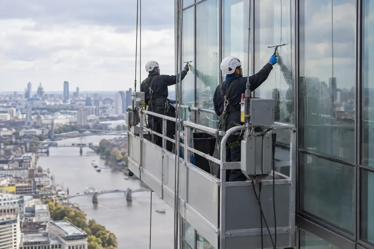 Two professional window cleaners in secured harnesses working inside a suspended maintenance cradle with full guardrails against a modern high-rise facade. Clearly cleaning glazing with squeegees, restrained distant viewpoint, visible cradle cables, no unsafe poses.