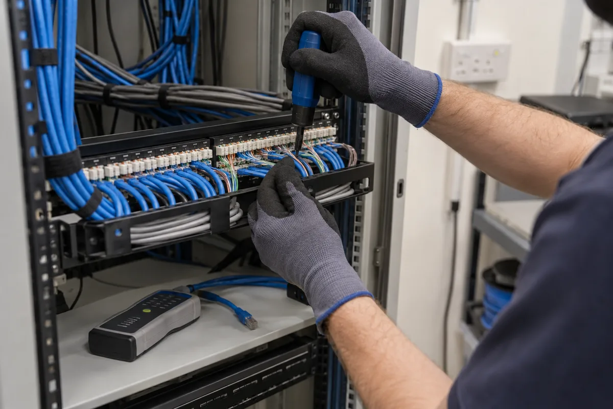 Installer terminating Ethernet cables at a structured network patch panel
